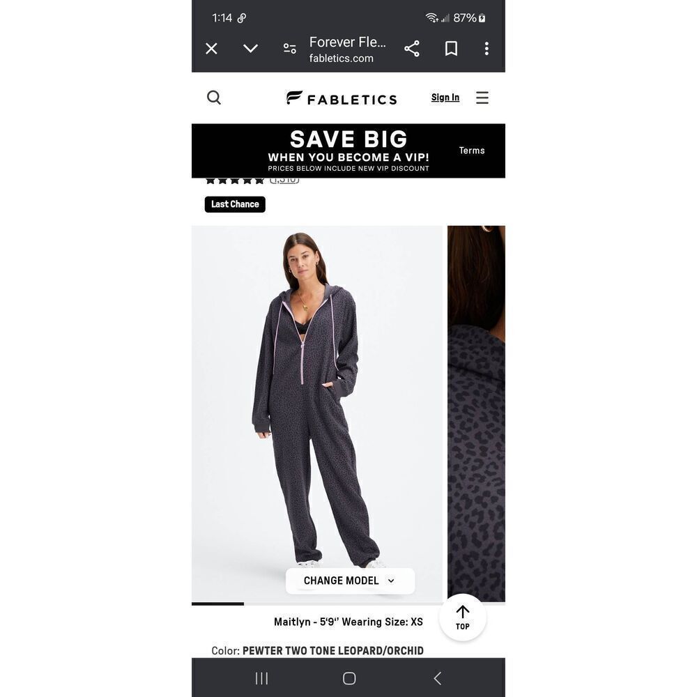 New XS Fabletics Forever Fleece Hooded One-Piece Jumpsuit Pewter Orchid Leopard